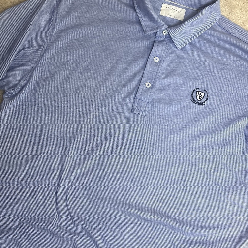 Linksoul‎ Golf Shirt Mens XL Blue Micro Stripe Polo Logo Tempus Fugit Cotton